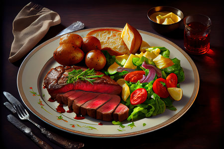 Medium rare steak with young baked potatoes Ai generativeの素材