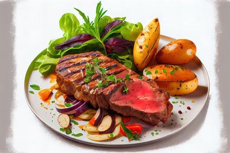 Medium rare steak with young baked potatoes Ai generativeの素材