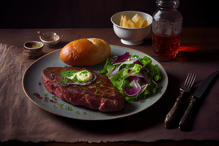 Medium rare steak with young baked potatoes Ai generativeの素材