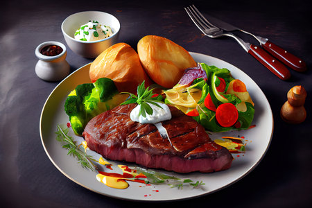 Highly nutritioned Medium rare steak with young baked potatoes Ai generativeの素材