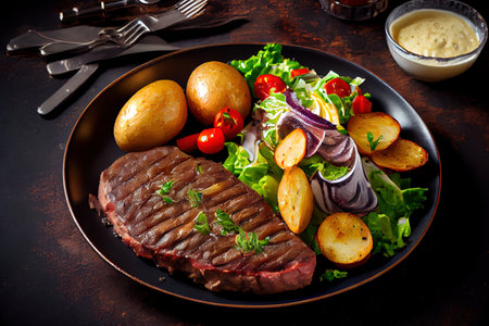 Medium rare steak with young baked potatoes Ai generativeの素材