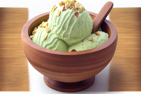 Pistachio ice cream in wooden bowl Ai generativeの素材