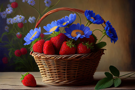 Small basket of ripe strawberries and bunch of cornflowers Ai generativeの素材