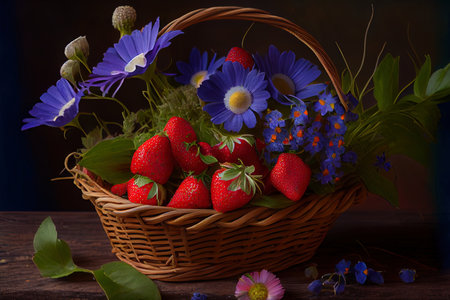 Small basket of Sweet strawberries and bunch of cornflowers Ai generativeの素材