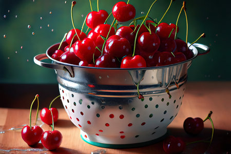 Wet ripe cherries in white colander Ai generativeの素材