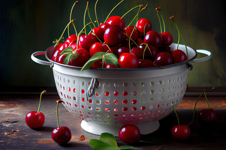Wet ripe cherries in white colander Ai generativeの素材