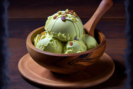 Pistachio ice cream in wooden bowl Ai generativeの素材