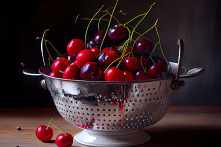 Fresh Wet ripe cherries in white colander Ai generativeの素材