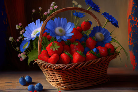 Small basket of ripe strawberries and bunch of cornflowers Ai generativeの素材