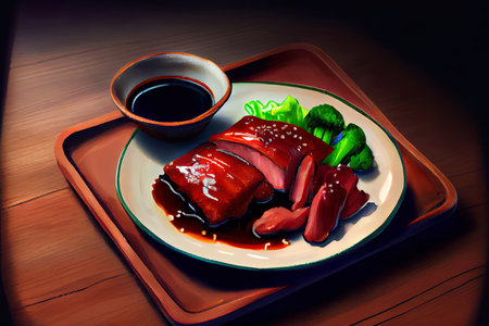 Chinese Char Siu Food in the plate on the table Ai generativeの素材
