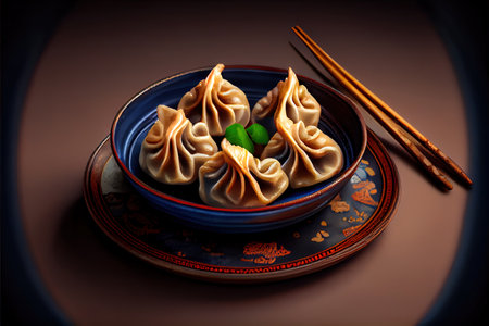 Chinese Dumplings in the plate on the table Ai generativeの素材