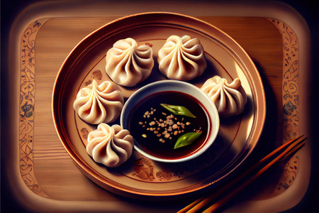 Chinese Dumplings in the plate on the table Ai generativeの素材