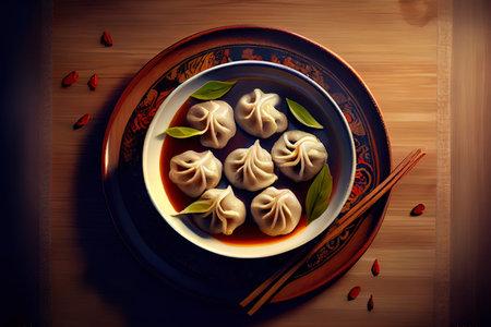 Chinese Dumplings in the plate on the table Ai generativeの素材