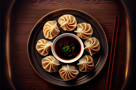 Home-made Chinese Dumplings in the plate on the table Ai generativeの素材