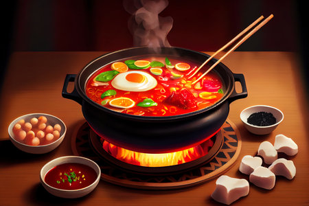Chinese Hot Pot Food in the plate on the table Ai generativeの素材