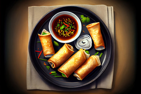 Delicious Chinese Spring Rolls Food in the plate on the table Ai generativeの素材