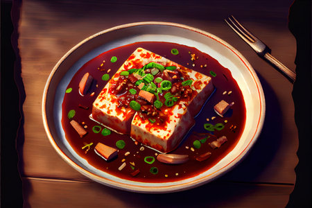 Chinese Ma Po Tofu Food in the plate on the table Ai generativeの素材