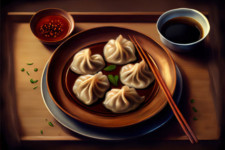 Home-made Chinese Dumplings in the plate on the table Ai generativeの素材