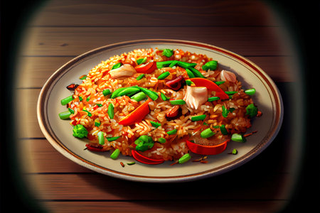 Tasty Chinese Fried Rice Food in the plate on the table Ai generativeの素材