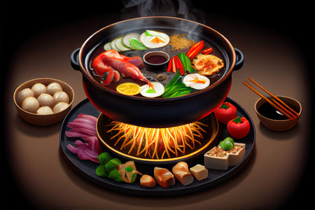 Chinese Hot Pot Food in the plate on the table Ai generativeの素材