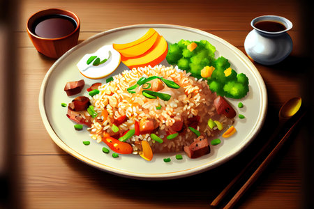 Tasty Chinese Fried Rice Food in the plate on the table Ai generativeの素材