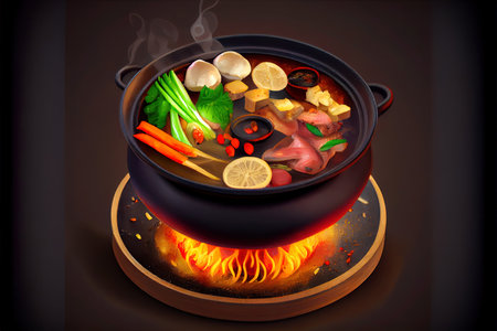 Delicious Chinese Hot Pot Food in the plate on the table Ai generativeの素材
