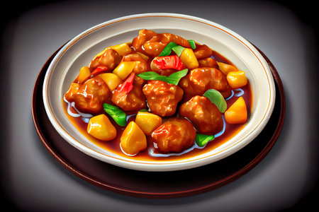 Chinese Sweet and Sour Pork in the plate on the table Ai generativeの素材