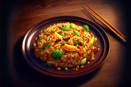 Chinese Fried Rice Food in the plate on the table Ai generativeの素材