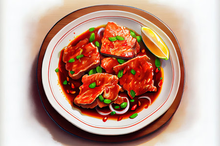 Chinese Twice-Cooked Pork Slices Food in the plate on the table Ai generativeの素材