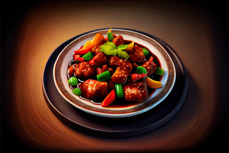 Homemade Chinese Sweet and Sour Pork in the plate on the table Ai generativeの素材