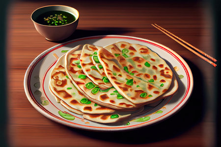 Chinese Scallion Pancakes Food in the plate on the table Ai generativeの素材