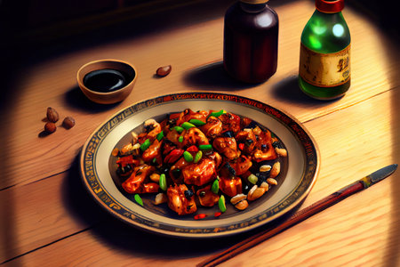 Chinese Kung Pao Chicken Food in the plate on the table Ai generativeの素材