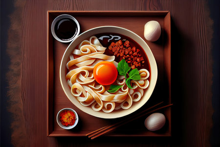 Healthy Chinese Zha Jiang Mian Food in the plate on the table Ai generativeの素材
