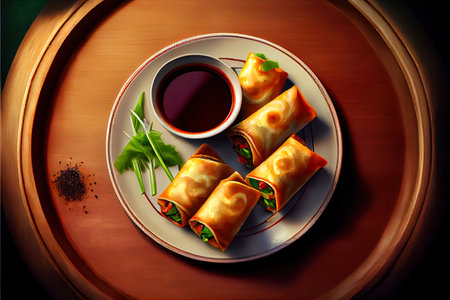 Chinese Spring Rolls Food in the plate on the table Ai generativeの素材