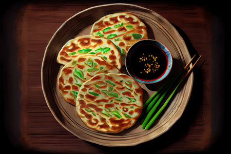 Special Chinese Scallion Pancakes Food in the plate on the table Ai generativeの素材