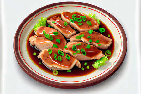 Chinese Twice-Cooked Pork Slices Food in the plate on the table Ai generativeの素材