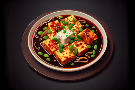 Chinese Ma Po Tofu Food in the plate on the table Ai generativeの素材