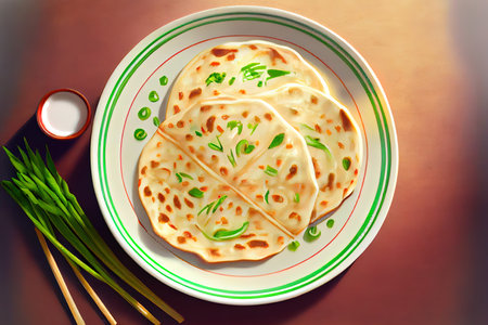 Chinese Scallion Pancakes Food in the plate on the table Ai generativeの素材