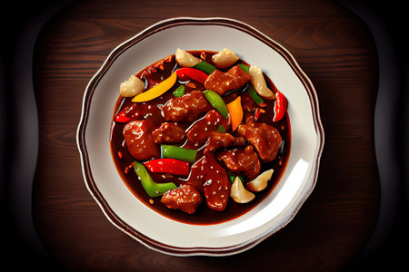 Homemade Chinese Sweet and Sour Pork in the plate on the table Ai generativeの素材