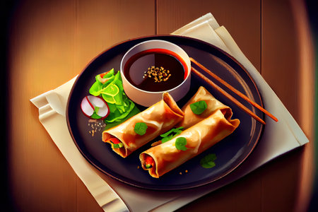 Chinese Spring Rolls Food in the plate on the table Ai generativeの素材