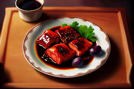 Chinese Char Siu Food in the plate on the table Ai generativeの素材