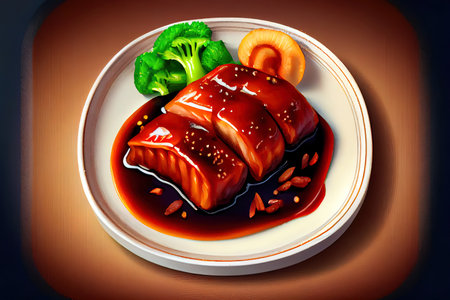 Chinese Char Siu Food in the plate on the table Ai generativeの素材