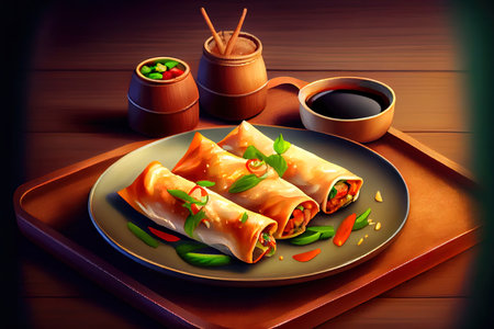 Delicious Chinese Spring Rolls Food in the plate on the table Ai generativeの素材