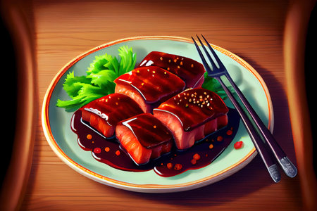 Fresh Chinese Char Siu Food in the plate on the table Ai generativeの素材
