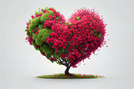 Exceptional Digital art illustration of red blossom tree in heart shape Ai generativeの素材