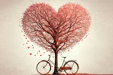 Exceptional Love tree and bicyle with hearts Ai generativeの素材