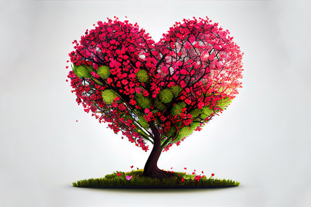 Exceptional Digital art illustration of red blossom tree in heart shape Ai generativeの素材