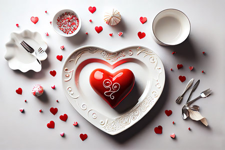 Awesome Heart-shaped plate and Valentines Day decorations on table Ai generativeの素材