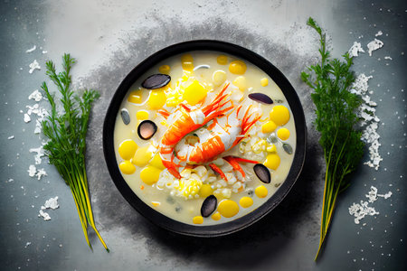 Chowder Crab Soup with shrimps and corn on concrete cookery Ai generated imageの素材