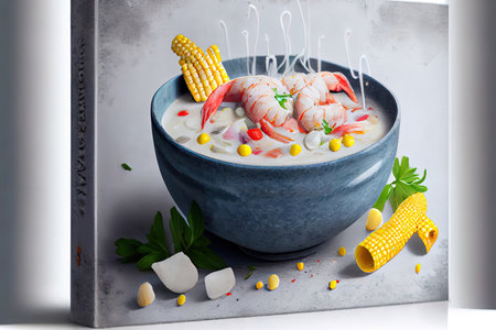 Chowder Crab Soup with shrimps and corn on concrete cookery Ai generated imageの素材